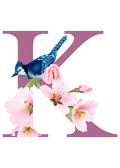 beautiful alphabet K with hand drawn of cherry blossom