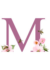 beautiful alphabet M with hand drawn of cherry blossom