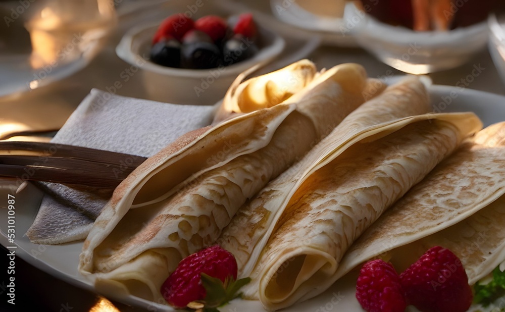 Sticker Closeup of delicious raspberry crepes on restaurant table