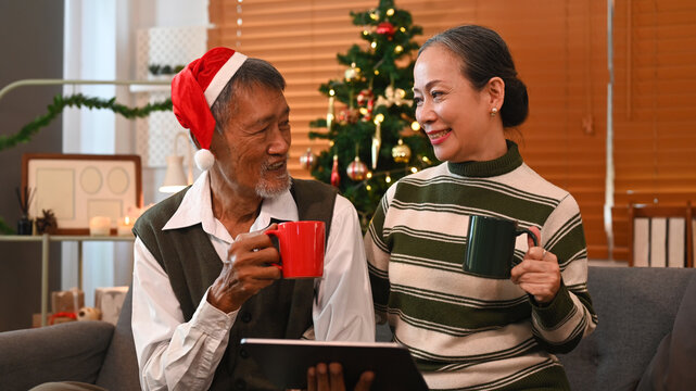 Happy senior couple enjoy drinking hot chocolate and using digital tablet together on couch in decorated cozy living room