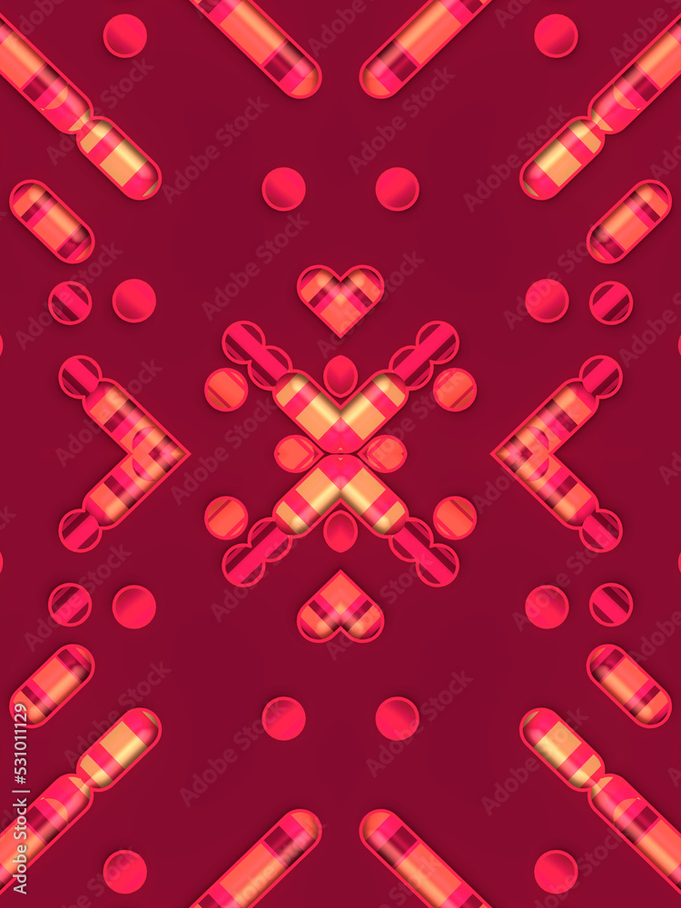 Poster Three dimensional lines and dots with a trendy gradient. 3d rendering kaleidoscopic pattern digital illustration