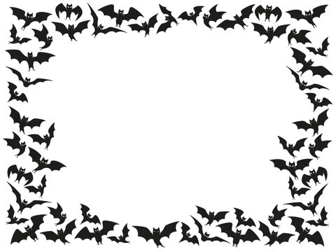 Halloween bats frame. Flock border, flying bat background and spooky night animals with wings vector template