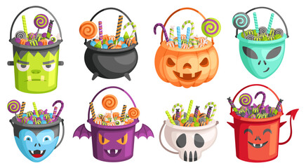 Halloween buckets. Trick or treat bags, pumpkin bucket with candies and candy hunt pack cartoon vector Illustration set - obrazy, fototapety, plakaty