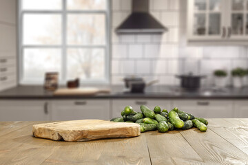 Fresh cucumber and kitchen interior. 