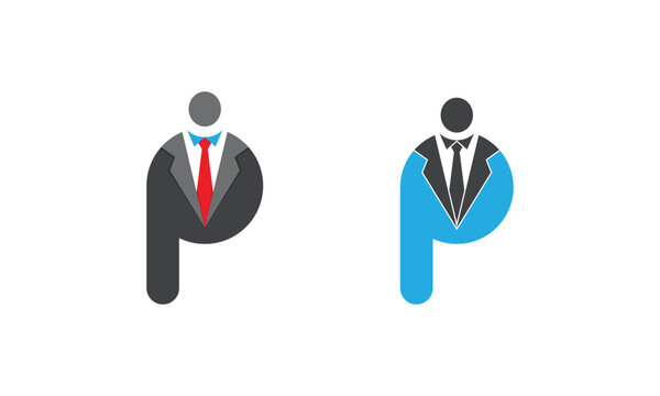 Initial Letter P Businessman Logo Concept symbol icon sign Element Design. Boss, Leader, Marketing, Business, Suit, Tie Logotype. Vector illustration Logo template