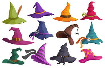 Halloween hats. Witch costume cap, autumn holiday sorceress or magician wizard hat cartoon vector illustration set