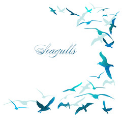 Blue seagulls flying on a white background. Vector illustration