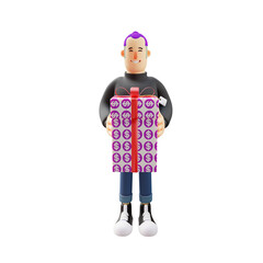  3D illustration. Cool Guy 3D character design has a gift. holding a large gift in his hand. with a laughing face. 3D Cartoon Character