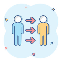 People referral icon in comic style. Business communication vector cartoon illustration pictogram. Reference teamwork business concept splash effect.
