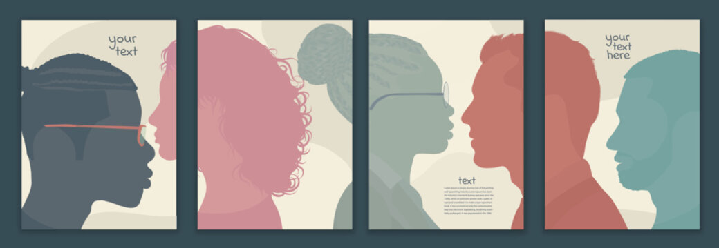 Community collaborators or co-workers. Group diversity silhouette people from the side. Concept of bargain agreement or pact. Collaborate.Colleagues. Banner - web page - poster - template