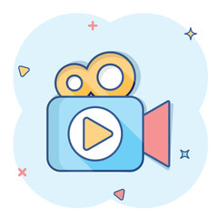 Video camera icon in comic style. Movie play vector cartoon illustration pictogram. Video streaming business concept splash effect.