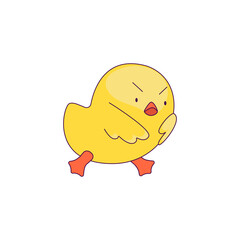 a cute little chicken in the role of a man. new trends in depicting people's lives through simple and funny forms. The chick goes dissatisfied