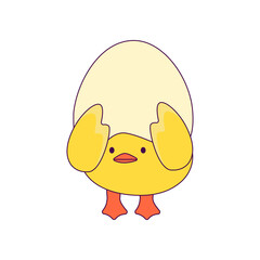 a cute little chicken in the role of a man. new trends in depicting people's lives through simple and funny forms. The chick hid behind the shell