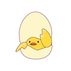 a cute little chicken in the role of a man. new trends in depicting people's lives through simple and funny forms. The chick hid under the shell