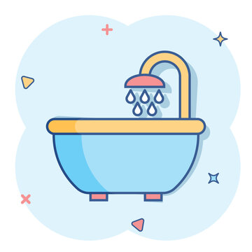 Bath shower icon in comic style. Bathroom hygiene vector cartoon illustration pictogram. Bath spa business concept splash effect.