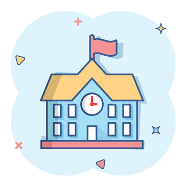 School building icon in comic style. College education vector cartoon illustration pictogram. Bank, government business concept splash effect.