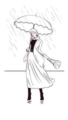 Fashionable slim stylish beautiful woman with umbrella under rain, minimalis liner and brush fashion illustration, graphic design, autumn motif, fall street fashion