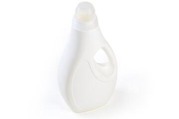Plastic bottle of liquid laundry detergent on a white background