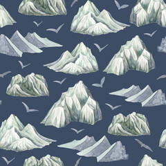 Watercolor mountains seamless pattern. Hand drawn gray mountain peaks with flying birds on dark blue background. Nordic scandinavian design. Winter repeated illustration