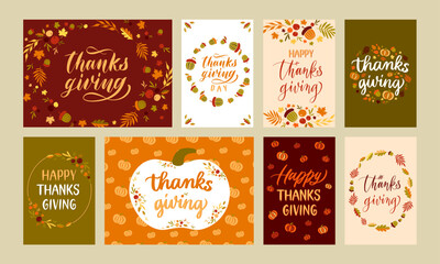 Thanksgiving day cards. Autumn holiday lettering with fall leaves and pumpkins, happy thanks giving vector set