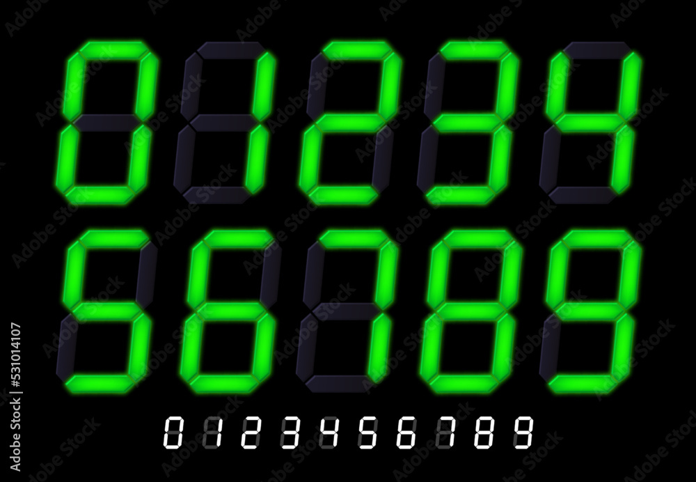Poster segmented lcd display numbers. digital time timer signs, tech clock count or retro led calculator sc