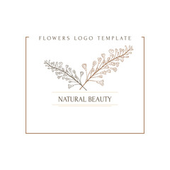 Hand drawn minimal logo of blooming flowers and leaves in line art. Bohemian floral vector illustration. Decorative botanique monogram composition for greeting card, wedding invitation