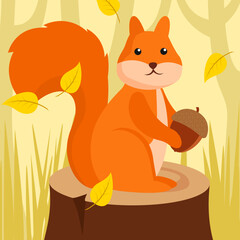 Squirrel sits on a stump with an acorn in its paws