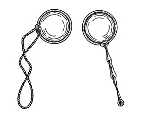 Old monocle glasses vector sketch isolated on white background. Vintage monocle icon. Vintage spectacles. Ink sketch isolated on white background. Hand drawn vector illustration. Retro style.