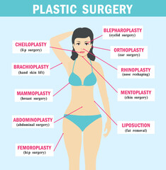 Plastic surgery sub-specialties. Plastic surgery infographics. Types of plastic surgery. Medicine. Body and face plastic surgery infographics for posters and brochures. Vector elements and icons