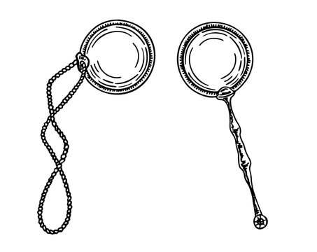 Old monocle glasses vector sketch isolated on white background. Vintage monocle icon. Vintage spectacles. Ink sketch isolated on white background. Hand drawn vector illustration. Retro style.