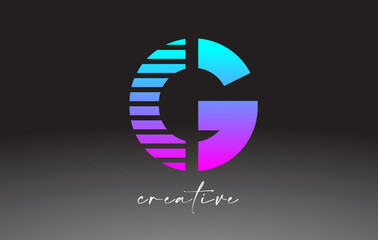 Purple Blue Neon Lines Letter G Logo Design with Creative Lines Cut on half of The Letter