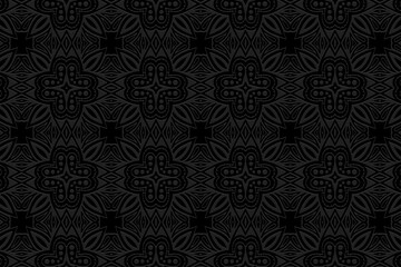 Embossed black background, ethnic floral cover design. Geometric 3D pattern, press paper, boho style. Tribal ornamental themes of the East, Asia, India, Mexico, Aztecs, Peru.