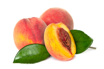 Peach fruit with leaf isolated on white background, Fresh Peach on White Background