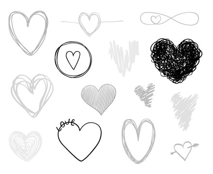 Hand drawn grunge hearts on isolated white background. Set of love signs. Unique image for design. Line art creation. Black and white illustration. Elements for poster or flyer