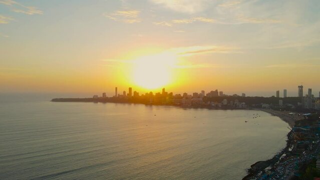 Drone shot of a Beautiful Evening Sunset at Marine Drive, Mumbai