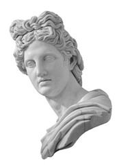 God Apollo bust sculpture. Ancient Greek god of Sun and Poetry Plaster copy of a marble statue isolated on white