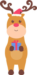 A reindeer holding a gift box.