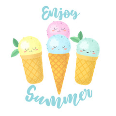 Vector illustration with cute colorful hand drawn cartoon ice creams and lettering Enjoy Summer on white background. Design for print, fabric, t-shirt, card