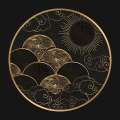 Vector illustration with gold Sun, waves, clouds and symbols isolated on black background. Asian traditional motifs design for print, card, wallpaper, poster, banner