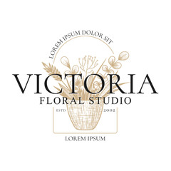 Vector vintage logo with hand drawn sketch plants, herbs, branches and floral elements in pot isolated on white background. Natural design concept for emblem, packaging, label, branding