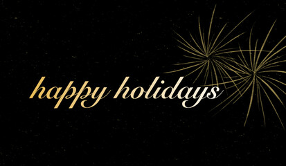 Background with text happy holidays. Christmas Poster, Bright Horizontal Holiday Christmas Posters, Cards, Websites. Gold glitter palm tree with a black background.