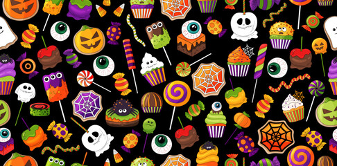 Halloween treats, candy pattern. Vector candies with halloween elements and ornaments. Many types spooky dessert. Colorful treats background. Hand delicious,candy corn, pumpkins, eyeballs. 