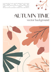 Autumn creative poster with organic various shapes,acorns,foliage and copy space for text.Modern design for social media marketing,covers,invitations,placard,brochure.Trendy fall vector illustration.