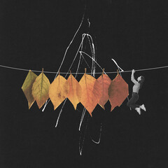 Contemporary art collage. Creative design with yellow autumn leaves on a string and young woman...