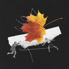 Contemporary art collage. Young beautiful women playing badminton over big yellow leaf. Warm autumn day