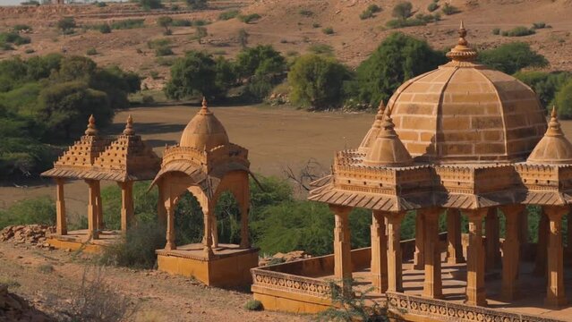 Royal chhatri cenotaphs at the Bada bagh in Jaisalmer, Rajasthan, India. Ancient dome shaped cenotaph made out of sandstone. Ancient architecture made of sand stone at Jaisalmer.