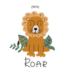 Vector illustration with a cute lion in the jungle on a white background for your design