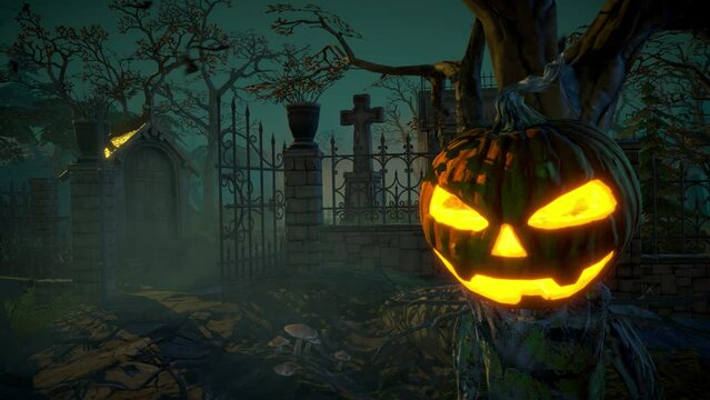 Halloween pumpkin head Jack lantern on the graveyard