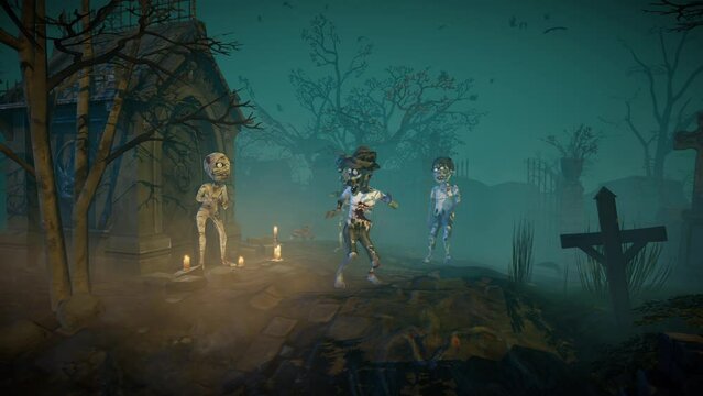 Halloween party. Funny zombies, skeleton and mummy dancing on graveyard.