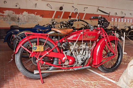  Vintage Indian Scout 600 (1927) on display in Agriolo, festival of classic motorcycle and old agricultural machinery. April 15, 2012 in Riolo Terme (RA) Italy